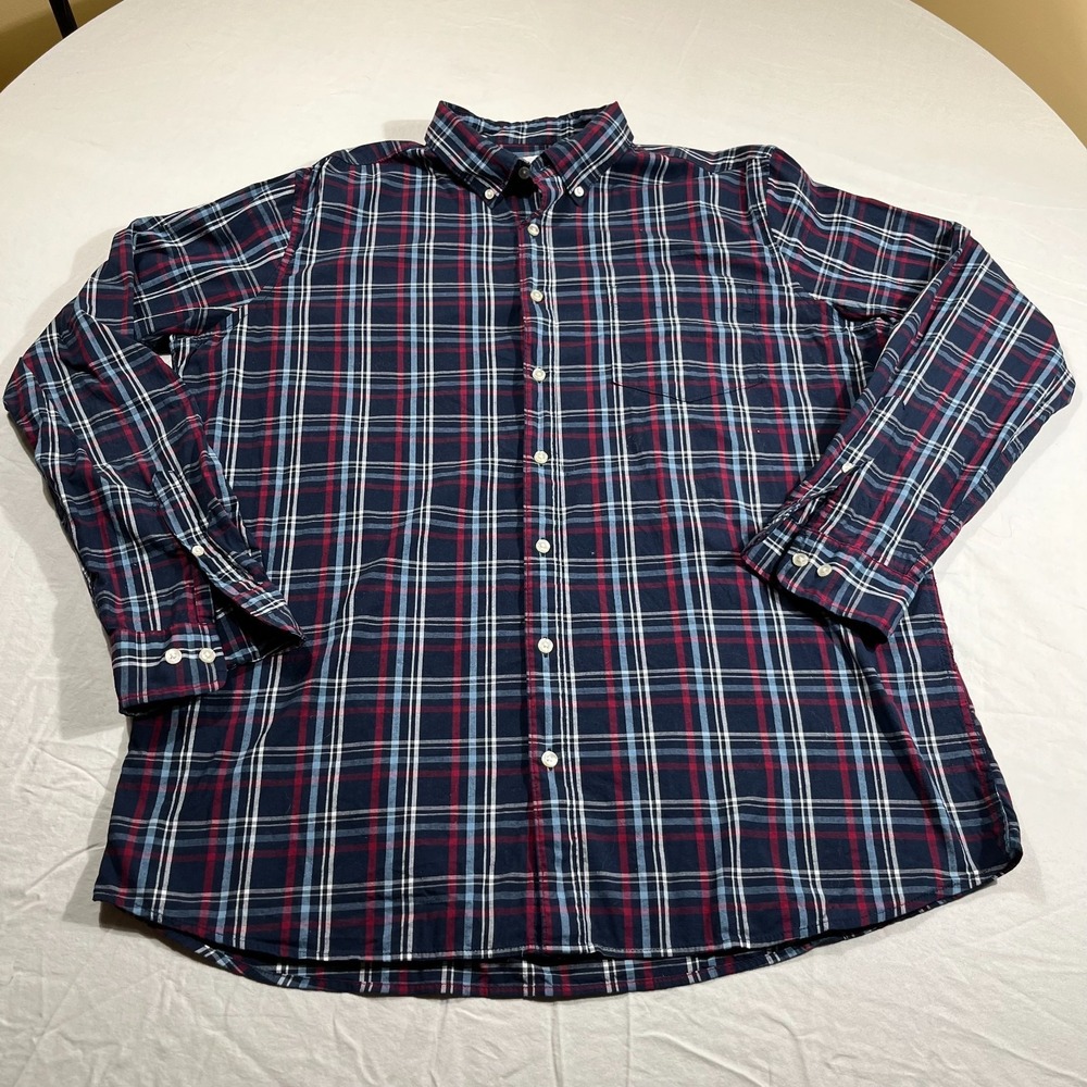Sonoma Mens XLT Shirt Plaid Navy Red Long Sleeve Button Down Cotton Stretch Big